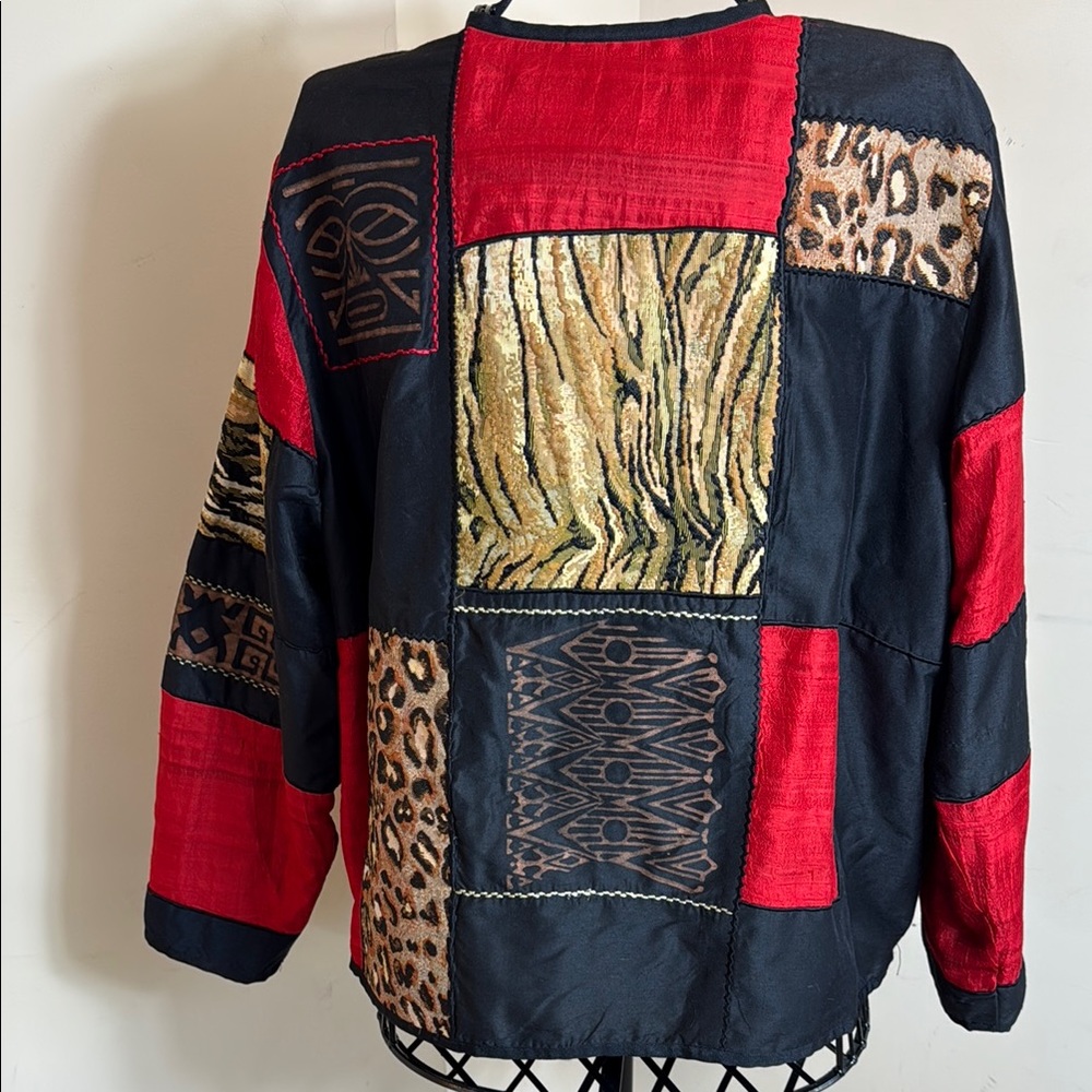 Liz & Me Red, Black, and Shades of Brown Jacket with Patchwork Design - Picture 4 of 7